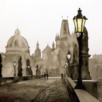 Watercolor painting of statues on Charles Bridge in medieval city of Prague- Czech Republic